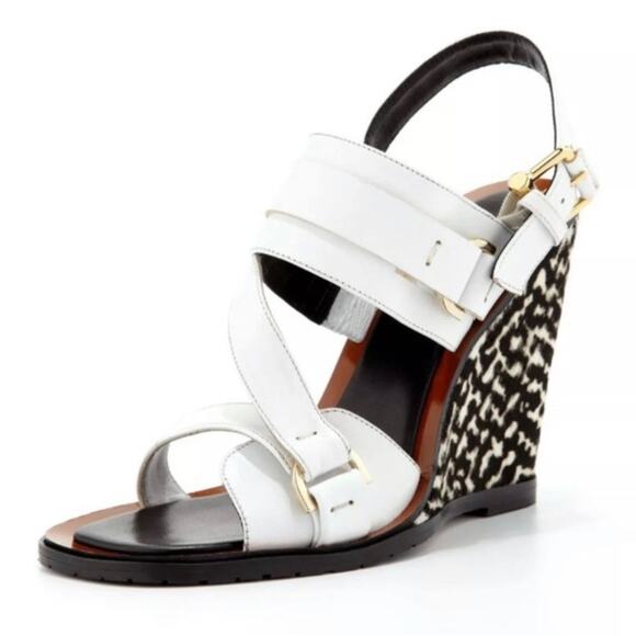 DEREK LAM Gillis Calf Hair Leather Wedge Sandals White - Picture 1 of 10